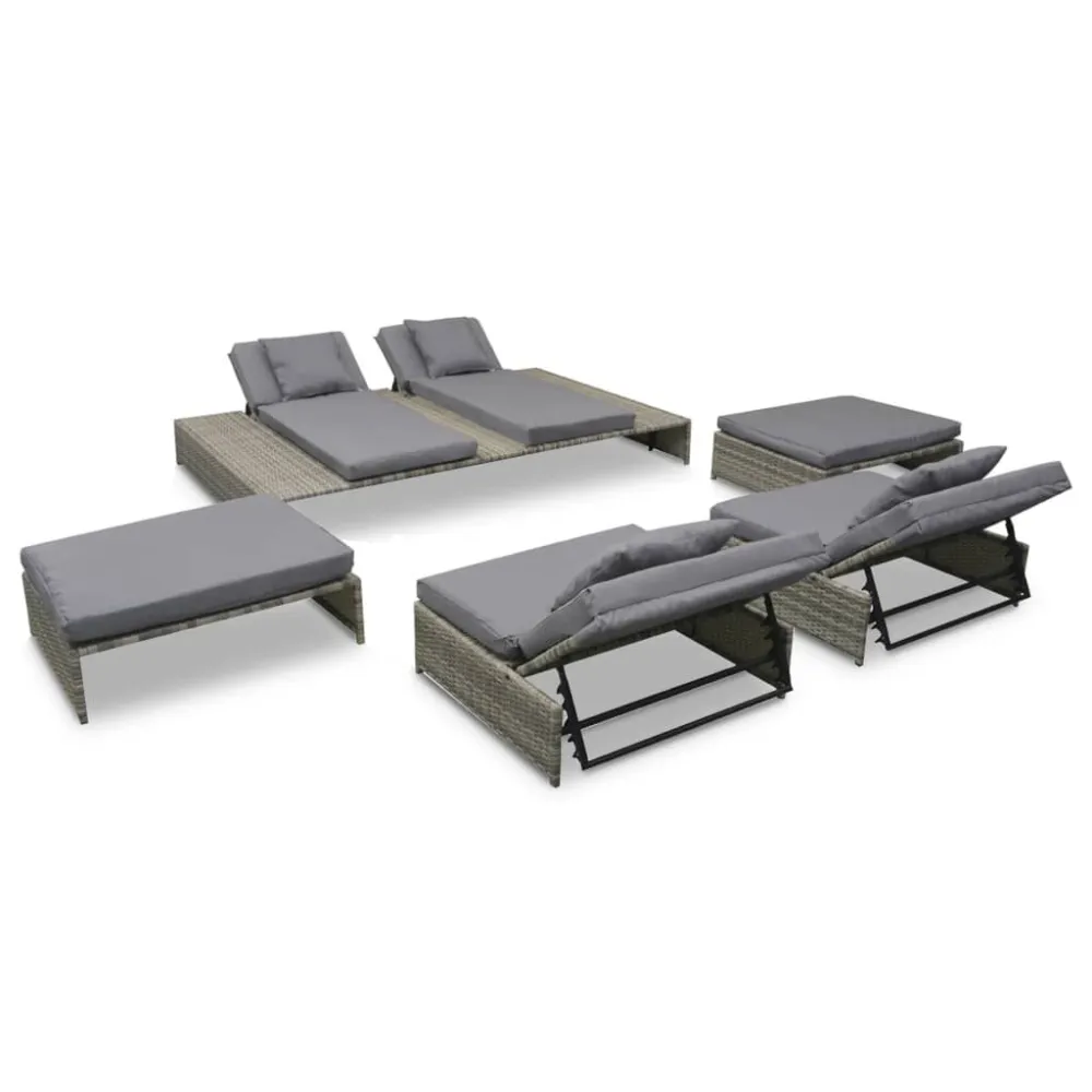 Banco de Jardim 5 pcs conjunto lounge de jardim com almofadões vime PE cinzento
