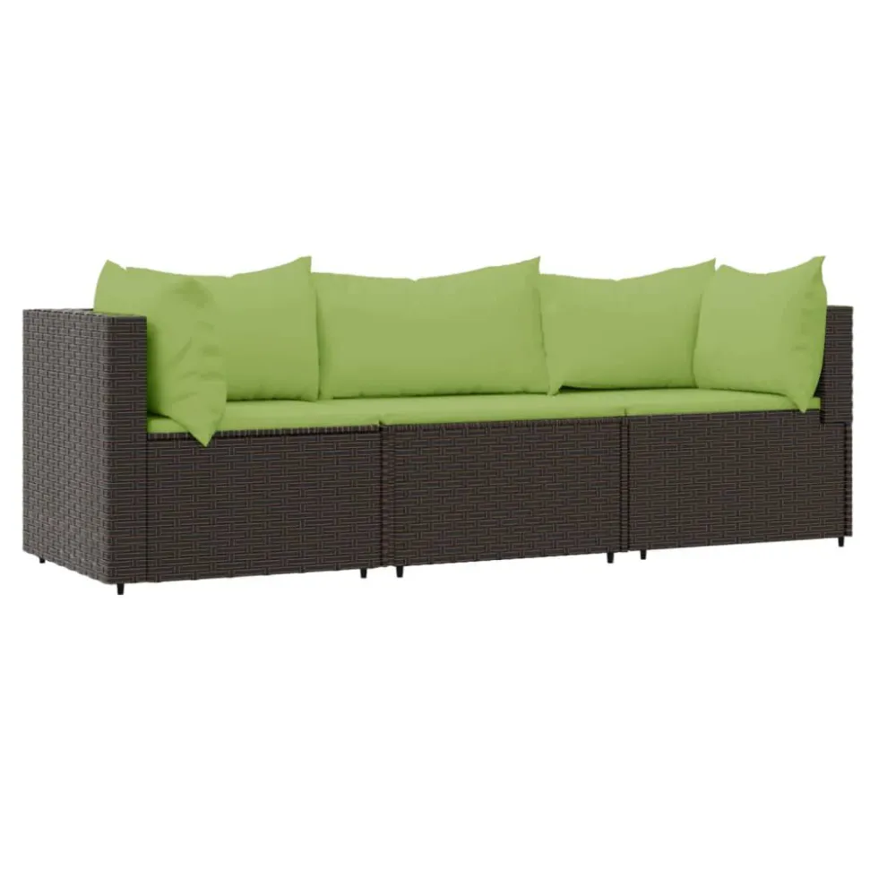 Banco de Jardim 3 pcs conjunto lounge jardim com almofadões vime PE castanho