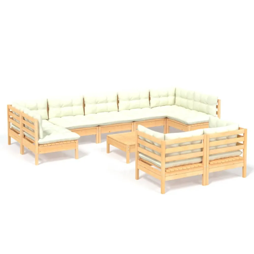 Banco de Jardim 10 pcs conjunto lounge jardim com almofadões creme pinho maciço