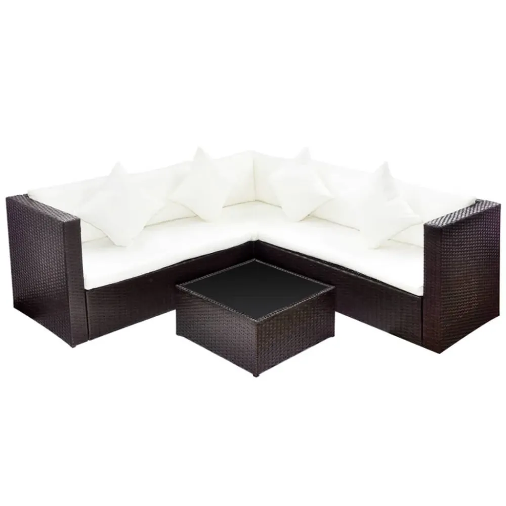 Banco de Jardim 4 pcs conjunto lounge jardim com almofadões vime PE castanho