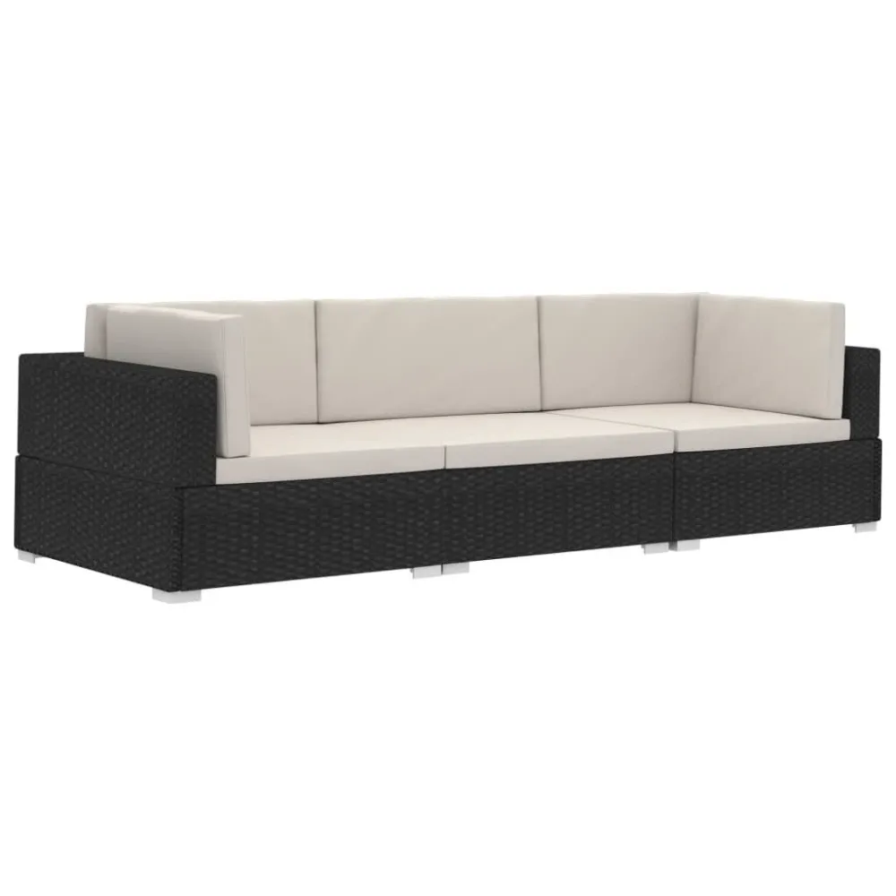 Banco de Jardim 3 pcs conjunto sofás de jardim com almofadões vime PE preto