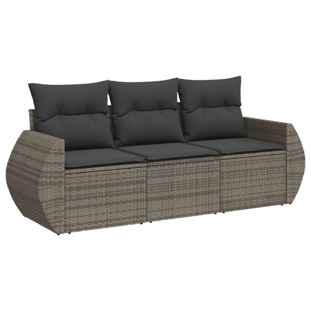 Banco de Jardim 3 pcs conjunto sofás de jardim com almofadões vime PE cinzento