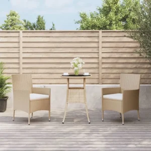 Banco de Jardim 3 peças conjunto de bistrô para jardim com almofadões vime PE bege