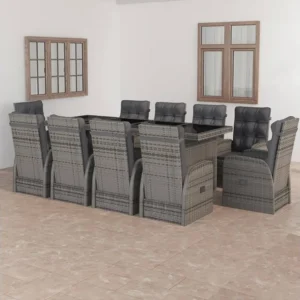 Banco de Jardim 11 peças conjunto jantar exterior com almofadões vime PE cinzento