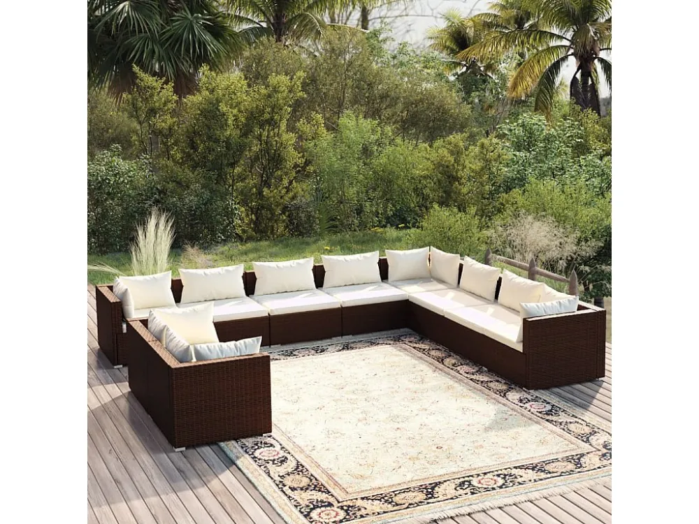 Banco de Jardim 10 peças conjunto lounge de jardim com almofadões vime PE castanho