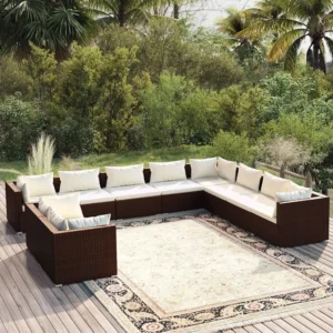 Banco de Jardim 10 peças conjunto lounge de jardim com almofadões vime PE castanho