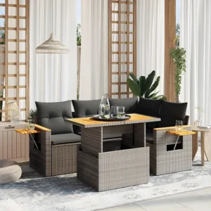Banco de Jardim 5 peças conjunto sofás de jardim com almofadões vime PE cinzento