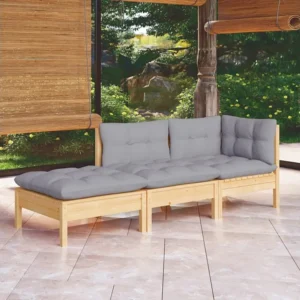 Banco de Madeira para 3peças conjunto lounge de jardim com almofadões cinza pinho maciço