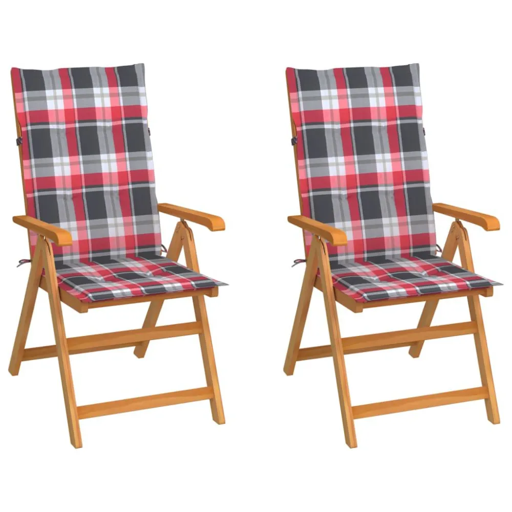 Banco de Madeira para Cadeiras jardim com almofadões xadrez vermelho 2 pcs teca maciç