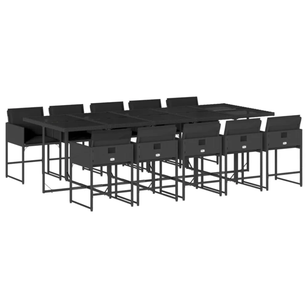 Banco de Madeira para 11 pcs conjunto de jantar para jardim com almofadões vime PE preto