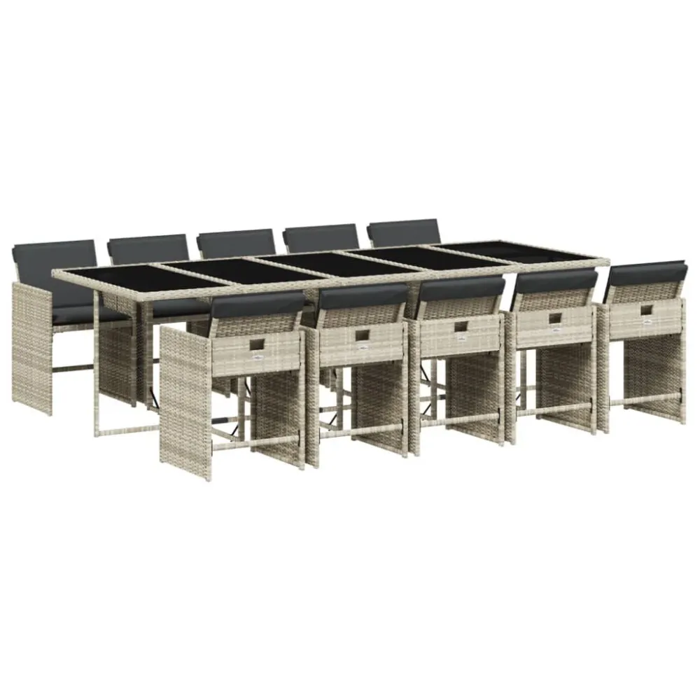 Banco de Madeira para 11 pcs conjunto jantar para jardim com almofadões vime PE cinzento