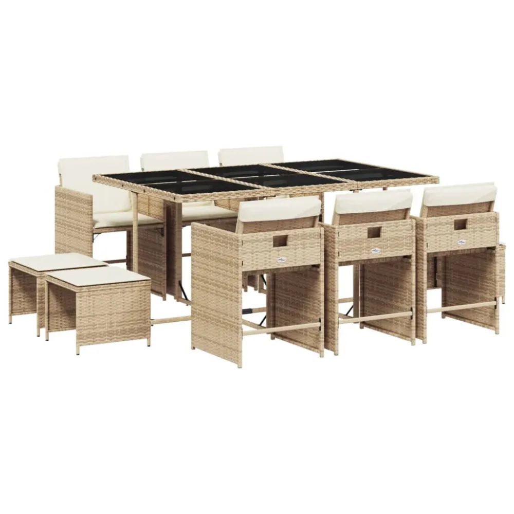 Banco de Madeira para 11 pcs conjunto de jantar para jardim com almofadões vime PE bege