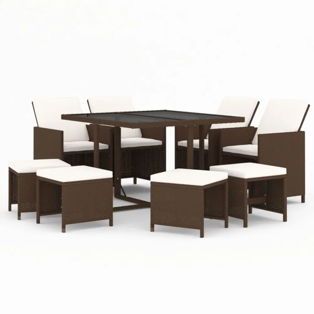 Banco de Madeira para 9 pcs conjunto jantar para jardim com almofadões vime PE castanho
