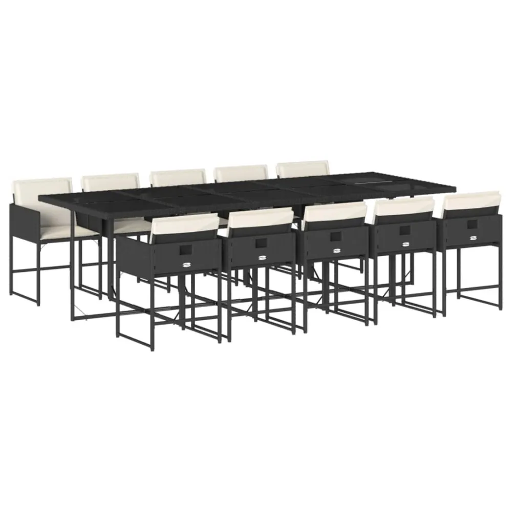 Banco de Madeira para 11 pcs conjunto de jantar para jardim com almofadões vime PE preto