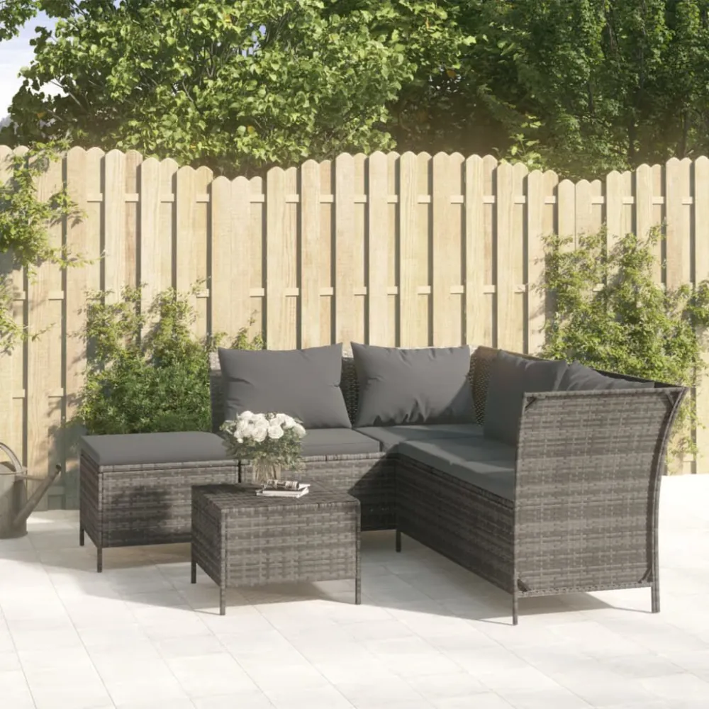 Banco de Madeira para 4 pcs conjunto lounge de jardim com almofadões vime PE cinzento