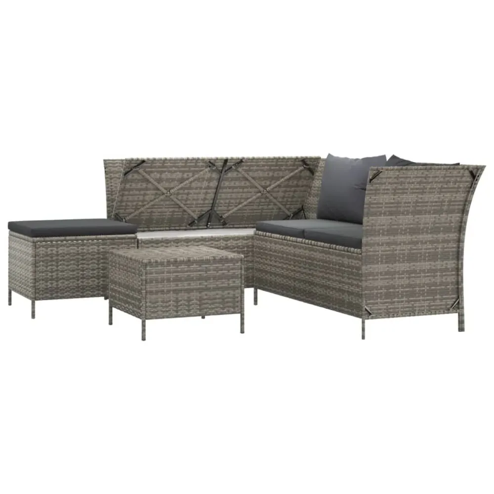 Banco de Madeira para 4 pcs conjunto lounge de jardim com almofadões vime PE cinzento