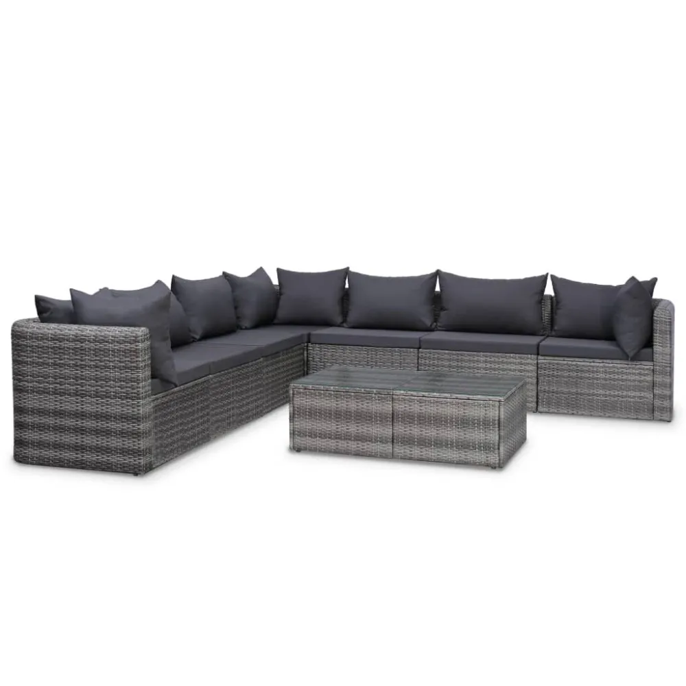 Banco de Madeira para 8 pcs conjunto lounge de jardim com almofadões vime PE cinzento
