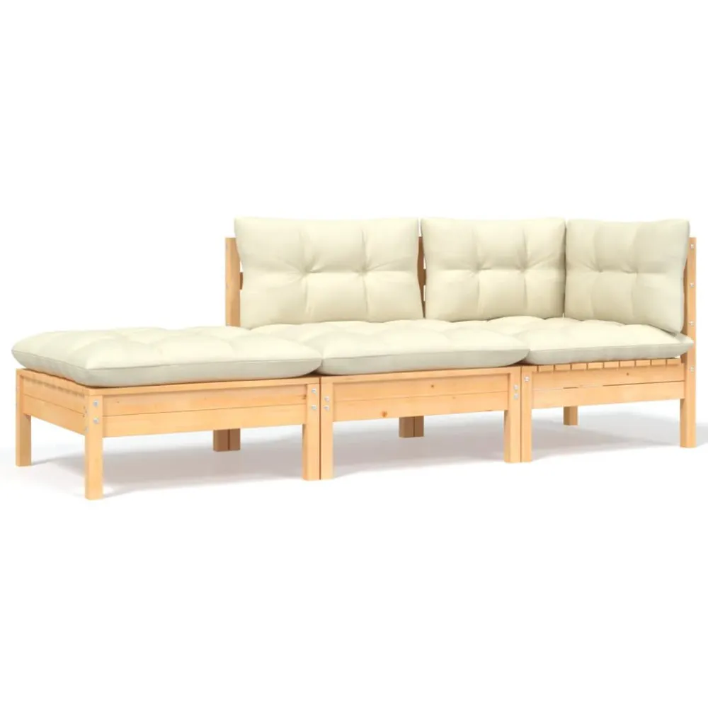 Banco de Madeira para 3 pcs conjunto lounge jardim com almofadões creme pinho maciço