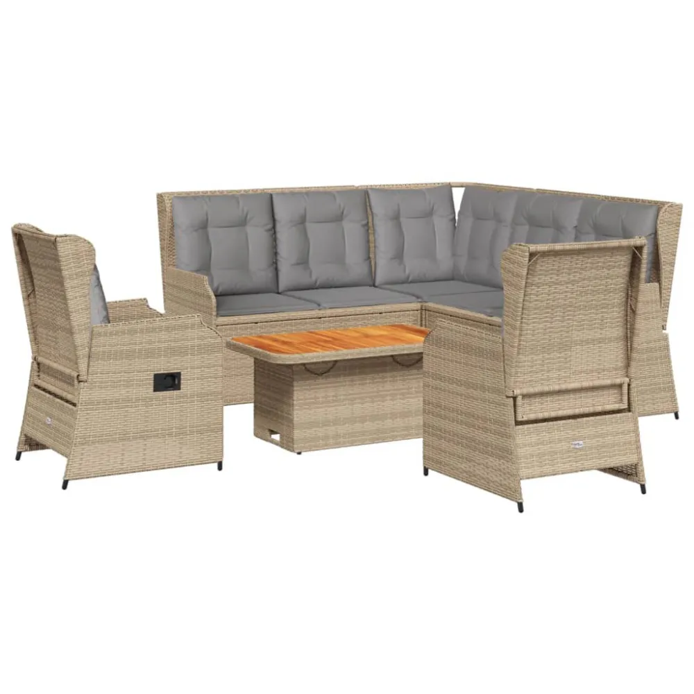 Banco de Madeira para 6 pcs conjunto lounge para jardim com almofadões vime PE bege