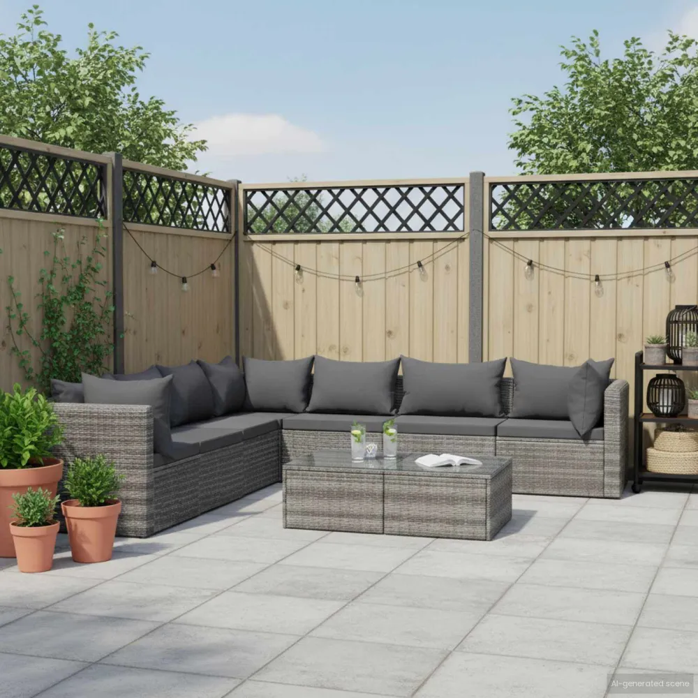 Banco de Madeira para 8 pcs conjunto lounge de jardim com almofadões vime PE cinzento