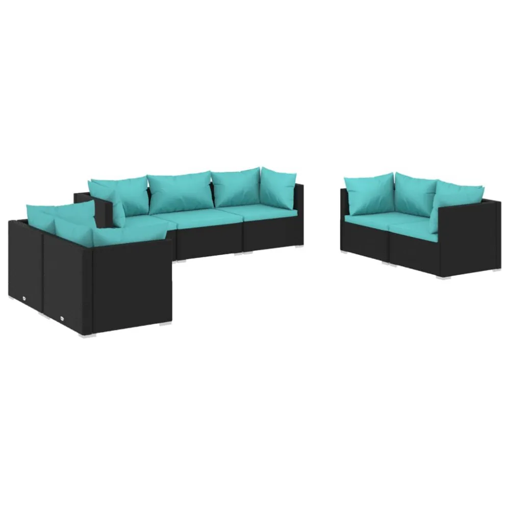 Banco de Madeira para 7 pcs conjunto lounge de jardim com almofadões vime PE preto