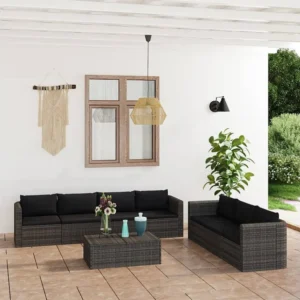 Banco de Madeira para 8 peças conjunto lounge de jardim com almofadões vime PE cinzento