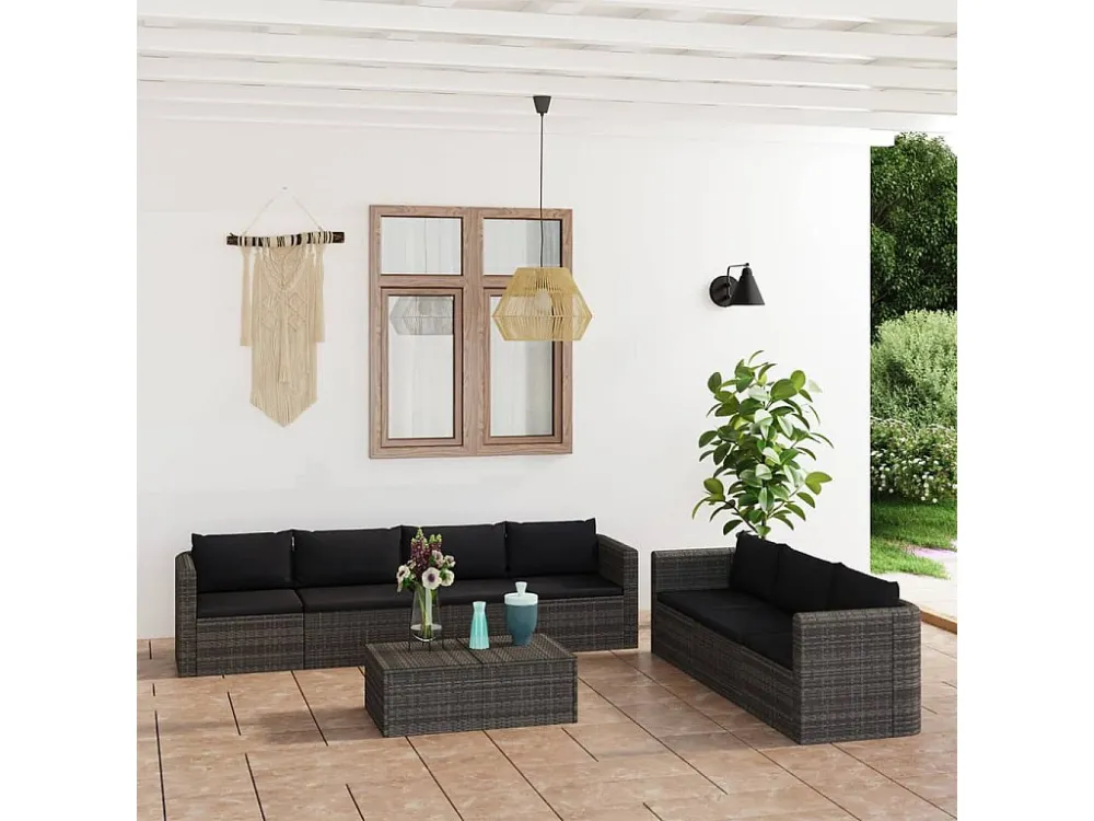 Banco de Madeira para 8 peças conjunto lounge de jardim com almofadões vime PE cinzento