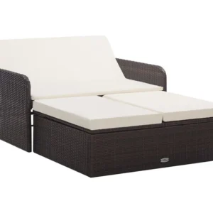 Banco de Madeira para 2 peças conjunto lounge jardim com almofadões vime PE castanho