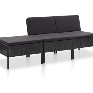 Banco de Madeira para 3 peças conjunto lounge de jardim com almofadões vime PE preto