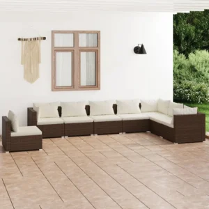 Banco de Madeira para 8 peças conjunto lounge jardim com almofadões vime PE castanho