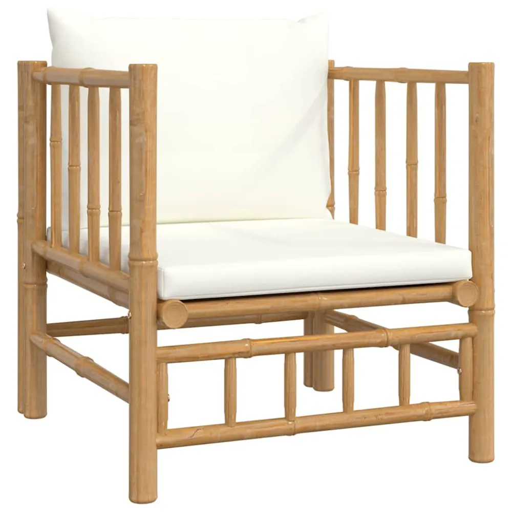 Banco de Madeira para Sofá de jardim bambu com almofadões branco nata