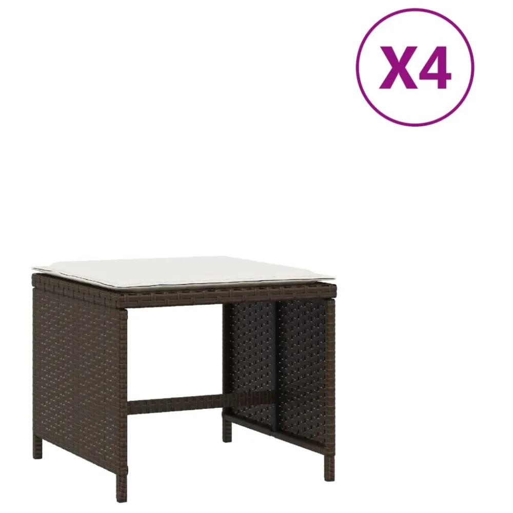 Bancos jardim com almofadões 4 pcs 40x40x35 cm vime PE castanho em Tecido Sunbrella