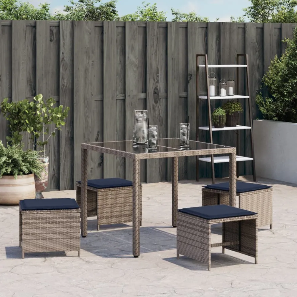 Bancos jardim com almofadões 4 pcs 40x40x35 cm vime PE cinzento | Montagem Fácil e Rápida