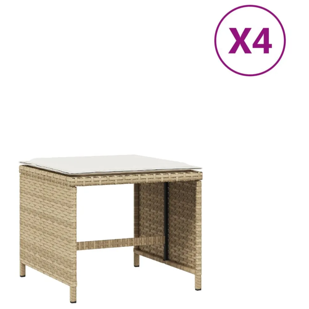 Bancos de jardim com almofadões 4 pcs 41x41x36 cm vime PE bege com Tecido Impermeável UV