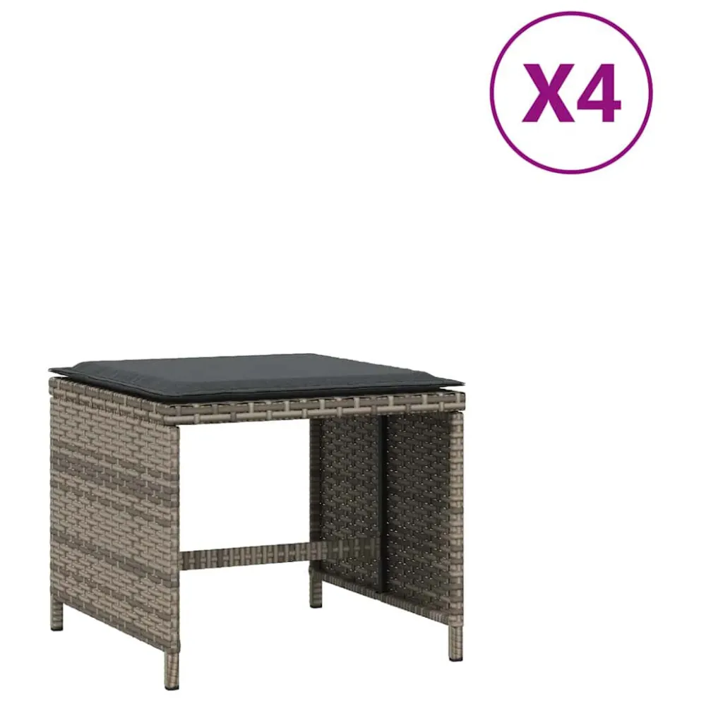 Bancos jardim com almofadões 4 pcs 41x41x36 cm vime PE cinzento | Resistente à Chuva | Confortável