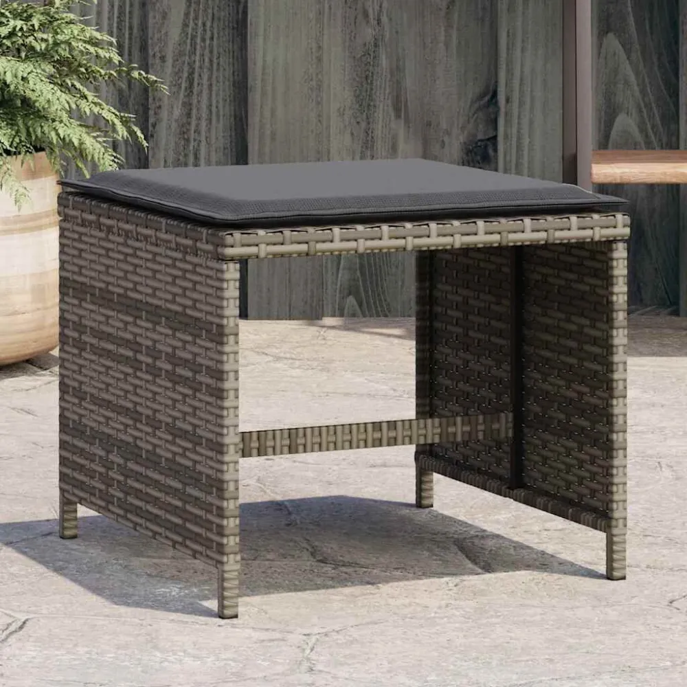 Bancos jardim com almofadões 4 pcs 41x41x36 cm vime PE cinzento | Resistente à Chuva | Confortável