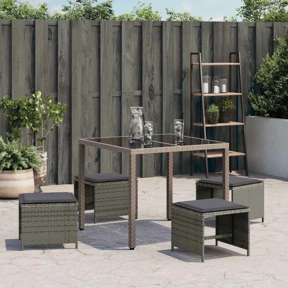 Bancos jardim com almofadões 4 pcs 41x41x36 cm vime PE cinzento | Resistente à Chuva | Confortável