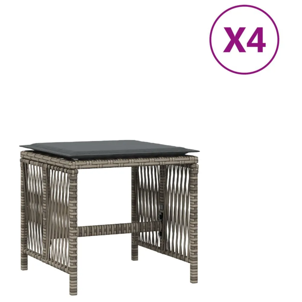 Bancos jardim com almofadões 4 pcs 41x41x36 cm vime PE cinzento com Revestimento em Textilene