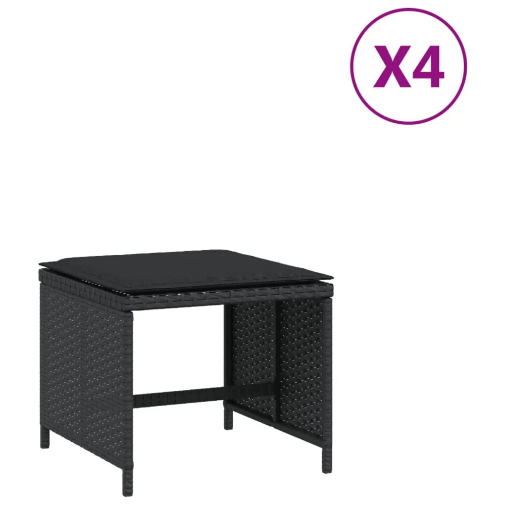 Bancos de jardim com almofadões 4 pcs 41x41x36 cm vime PE preto Fácil de Guardar