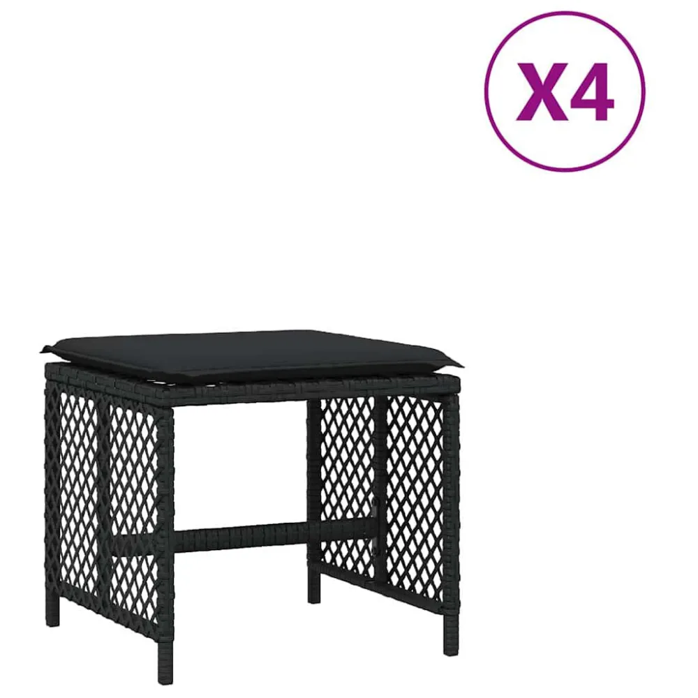 Bancos de jardim com almofadões 4 pcs 41x41x36 cm vime PE preto | Resistente à Chuva | Confortável