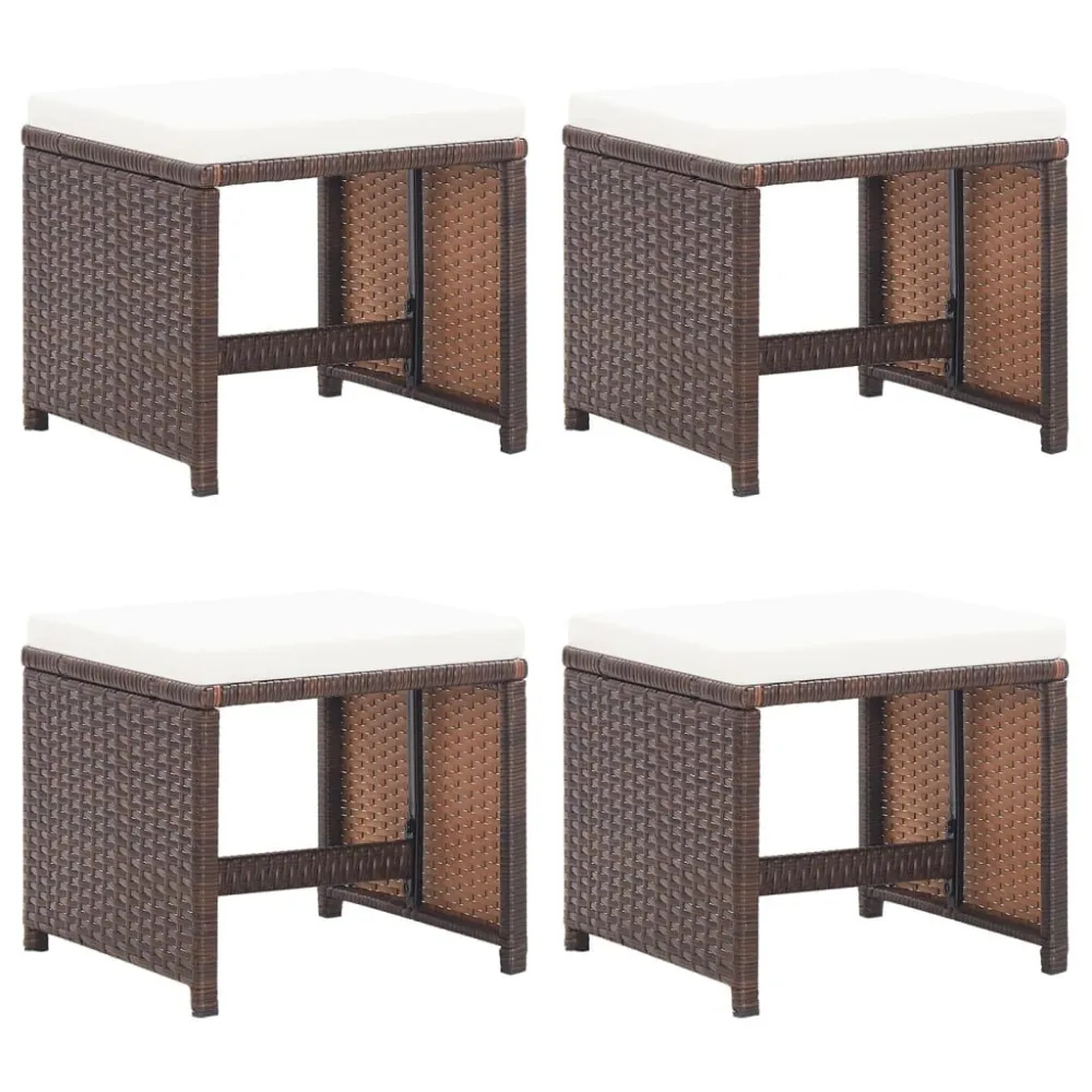Bancos de jardim 4 pcs com almofadões vime PE castanho para Relaxamento ao Ar Livre