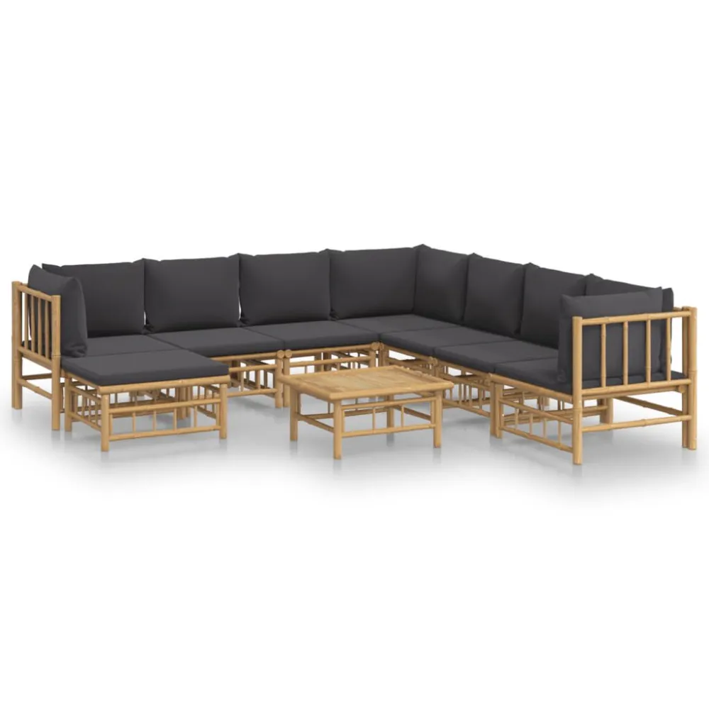 Cadeira de Balanço 9pcs conj. lounge de jardim bambu com almofadões cinzento-escuro