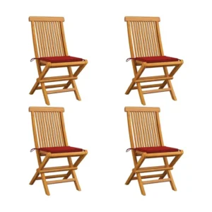 Cadeira de Balanço Cadeiras de jardim com almofadões vermelhos 4 peças teca maciç