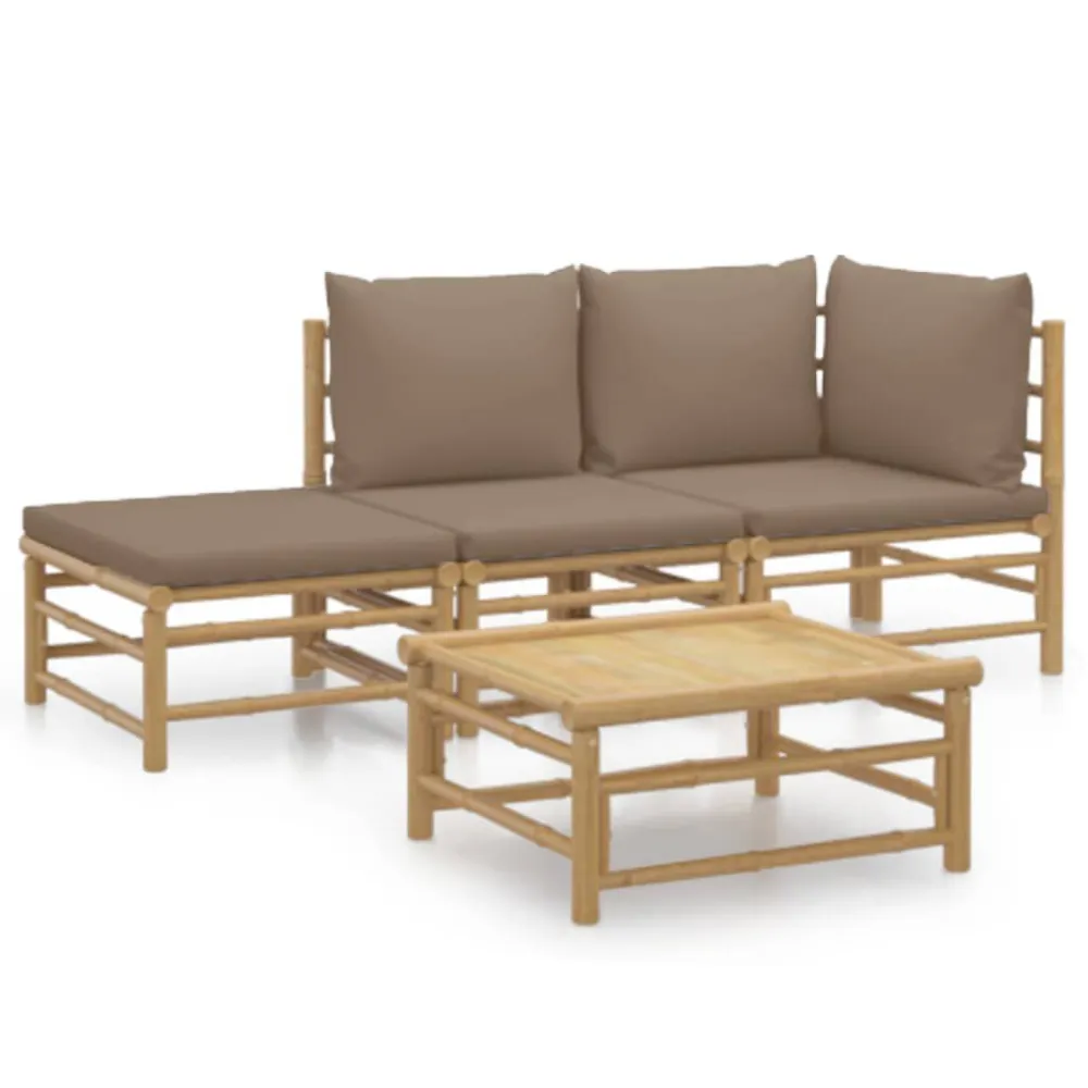 Cadeira de Balanço 4 pcs conj. lounge jardim bambu com almofadões cinza-acastanhado