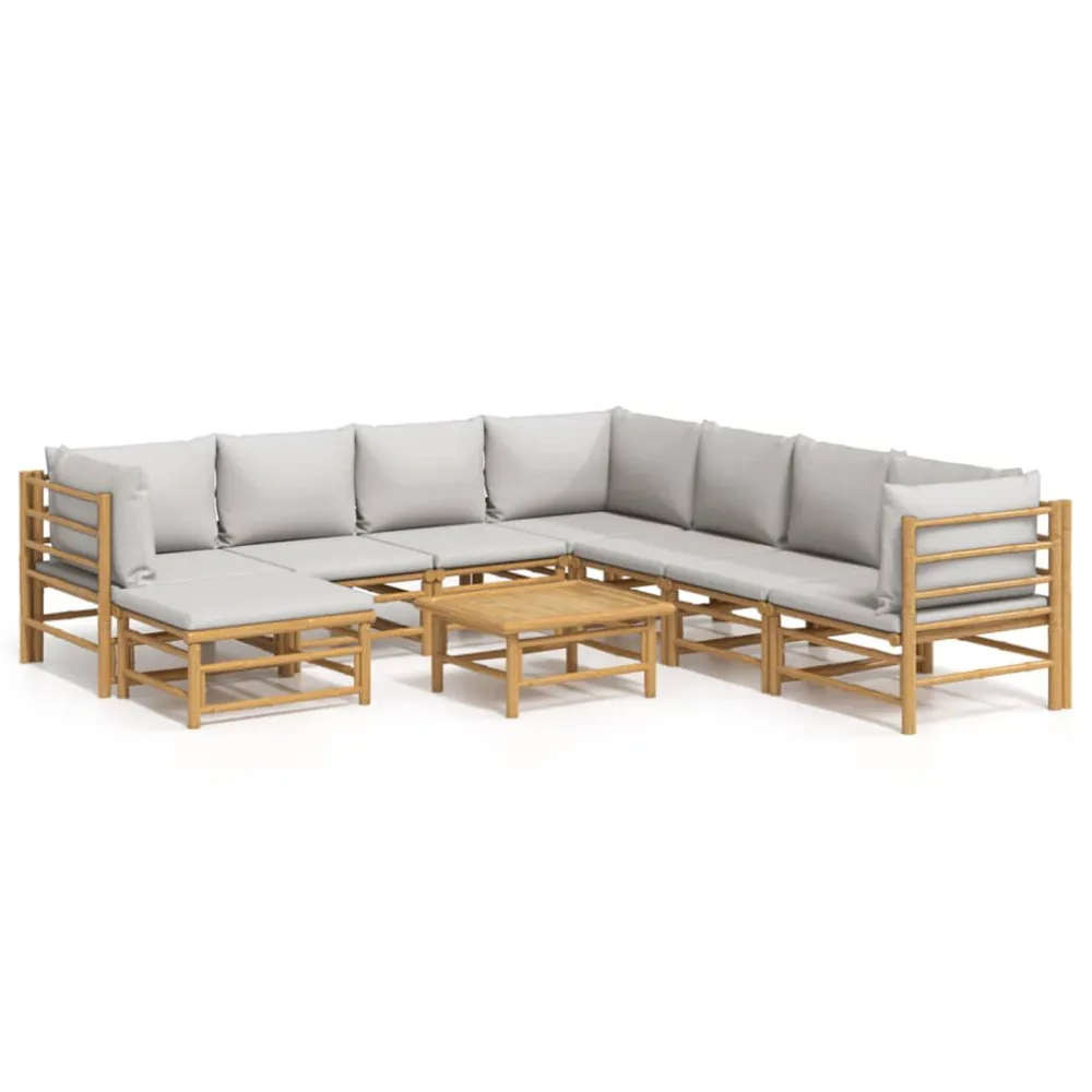 Cadeira de Balanço 9 pcs conj. lounge de jardim bambu com almofadões cinzento-claro