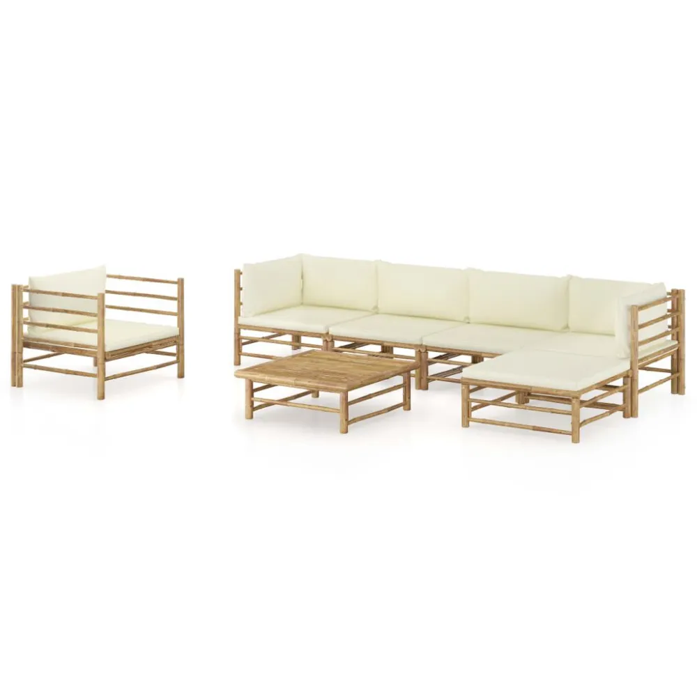 Cadeira de Balanço 7 pcs conj. lounge para jardim em bambu com almofadões branco nata