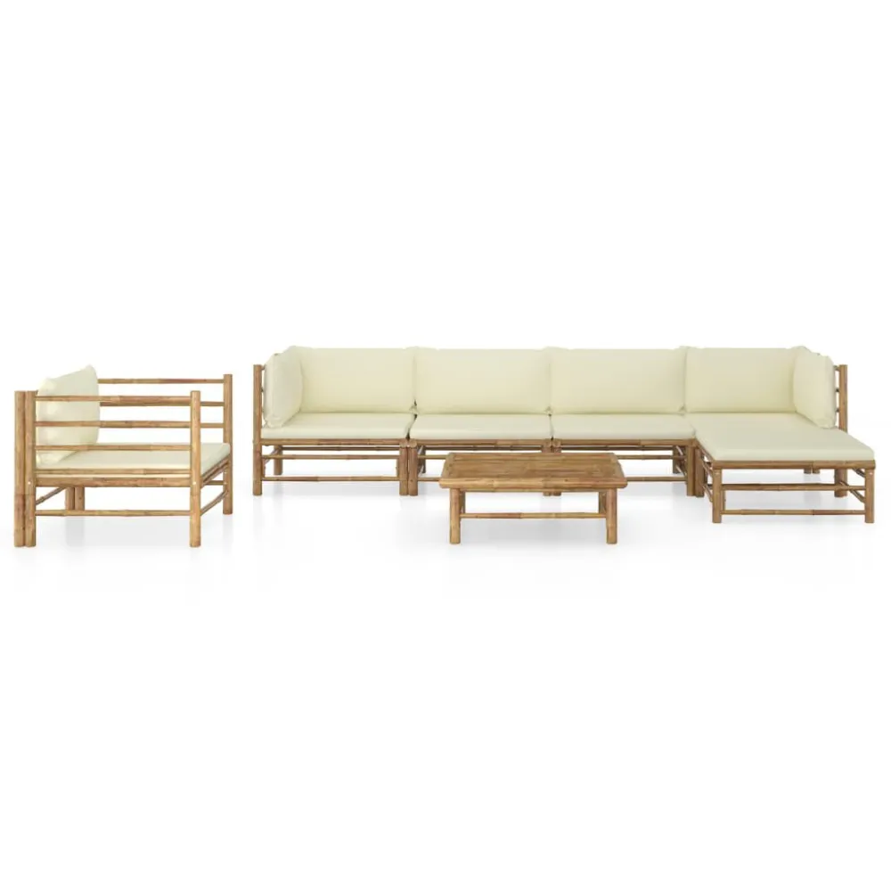 Cadeira de Balanço 7 pcs conj. lounge para jardim em bambu com almofadões branco nata