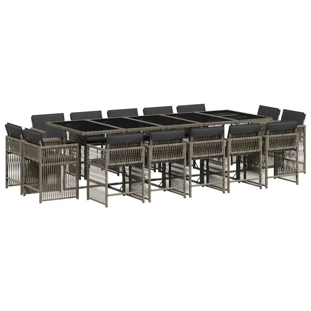 Cadeira de Balanço 15 pcs conjunto jantar para jardim com almofadões vime PE cinzento