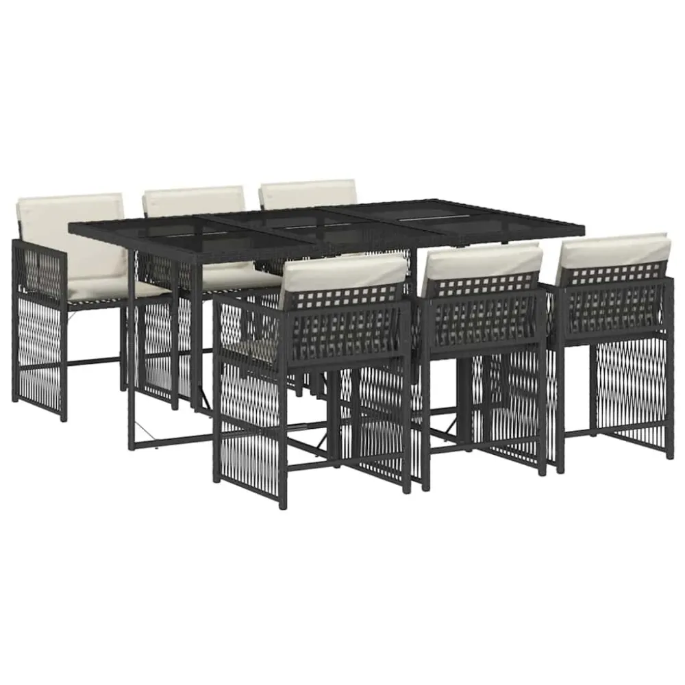 Cadeira de Balanço 7 pcs conjunto de jantar para jardim com almofadões vime PE preto