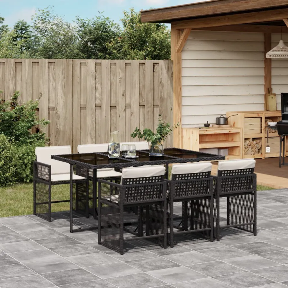 Cadeira de Balanço 7 pcs conjunto de jantar para jardim com almofadões vime PE preto